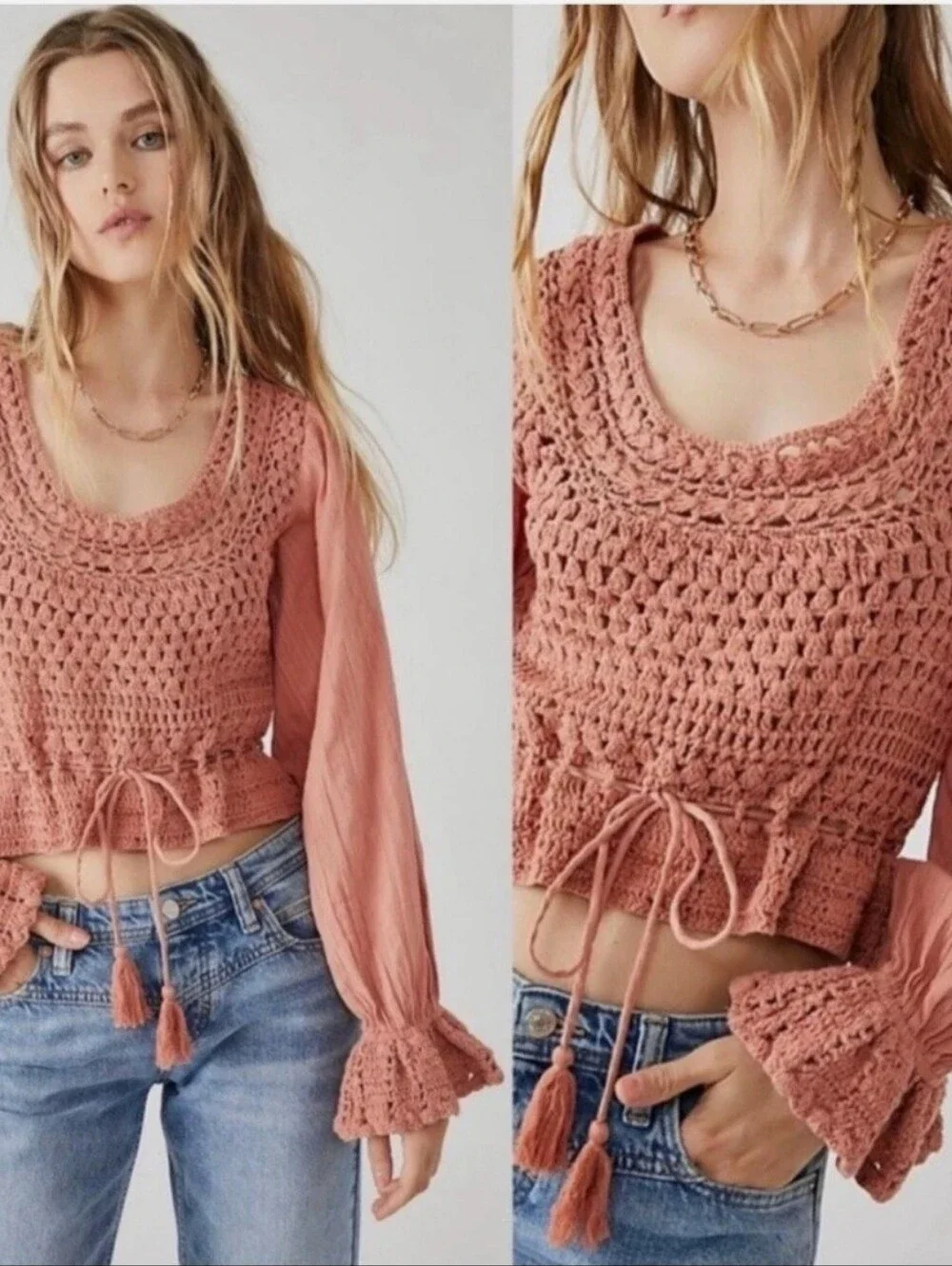 Free People Open-Back Crochet Peasant Top - Dusty Pink